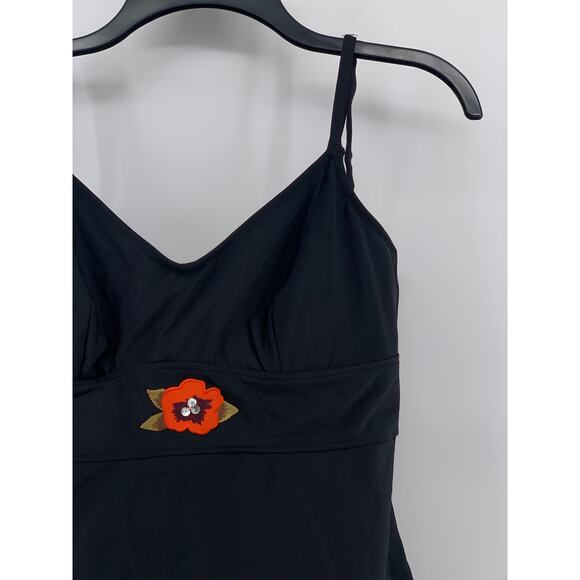 CAZIMI Women's Black V-Neck Embroidered Flower Spaghetti-Strap Swim Top SZ 38C - Picture 5 of 11